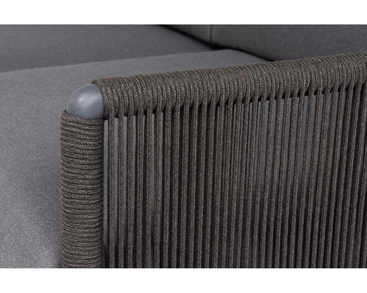 "Джелло" диван 3-местный плетеный из роупа, каркас алюминий темно-серый (RAL7024) муар, роуп темно-серый круглый, ткань темно-серая 027