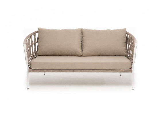 "Диего" диван 2-местный плетеный из роупа, каркас алюминий белый муар, роуп бежевый круглый, ткань бежевая 052