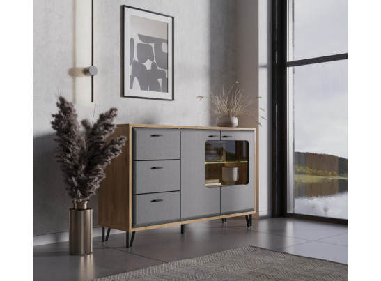 Тумба-витрина с подсветкой Грейс дуб наварра/графит KOM2W3S