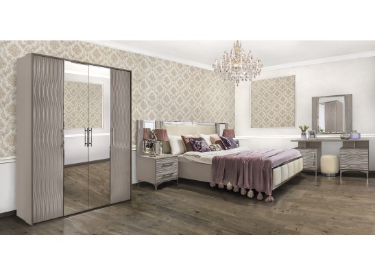 Спальня Gravita 1600*2000, зеркало ППУ, комод,  тумбы, панели, с 4х створчатым шкафом, серый камень глянец