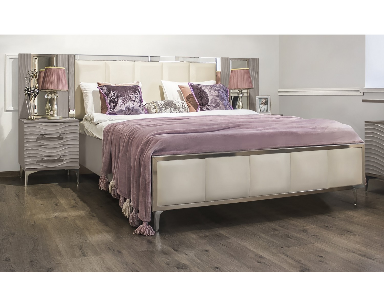 Спальня Gravita 1600*2000, зеркало ППУ, комод, тумбы, панели, с 4х створчатым шкафом, серый камень глянец