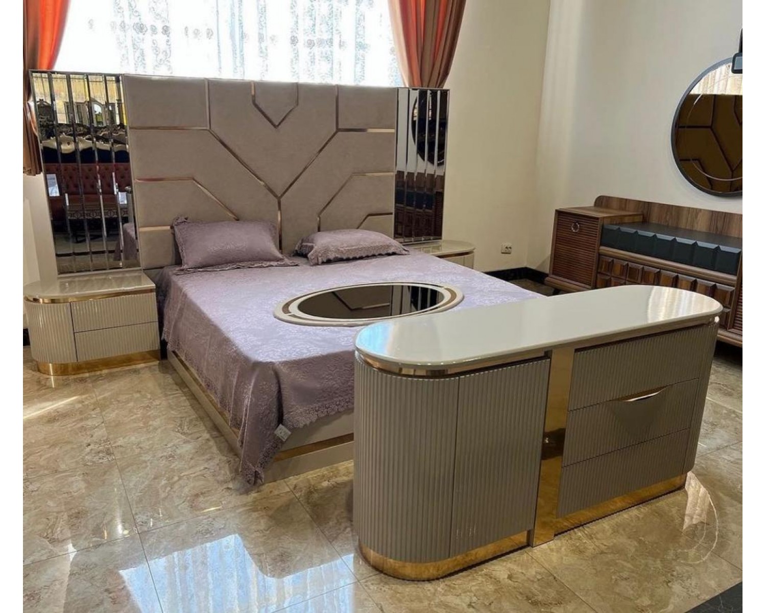 Спальня "Ницца Luxury" (6ти ств. кровать,ламели) мокко/крем