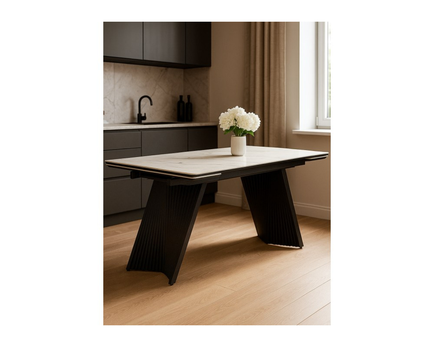Керамический стол Вейв 160(220)х89 белый с прожилками gilt white / черный